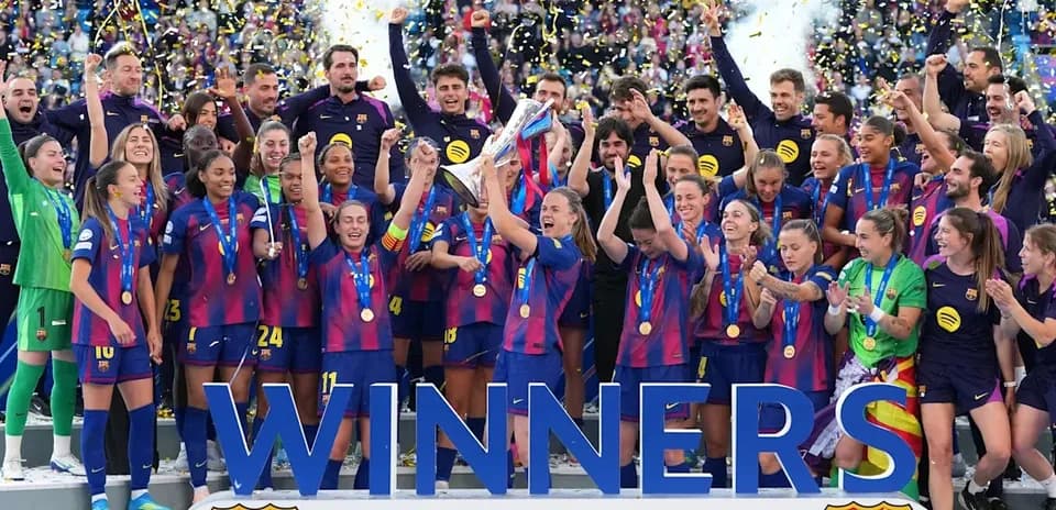 FC Barcelona women celebrating UEFA Champions League victory