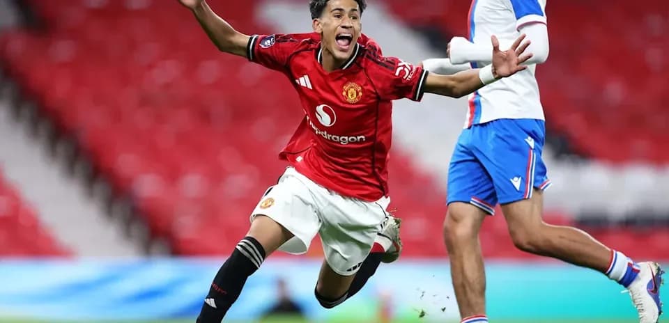 Player celebrating goal in Manchester United kit