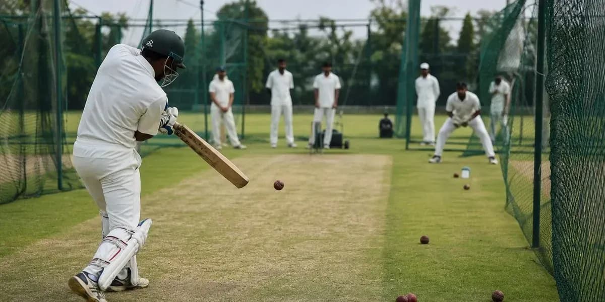 Batsman practicing in cricket nets with players watching