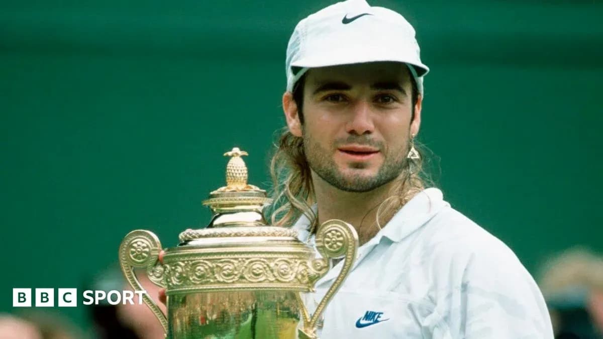 Tennis player holding Wimbledon trophy on court