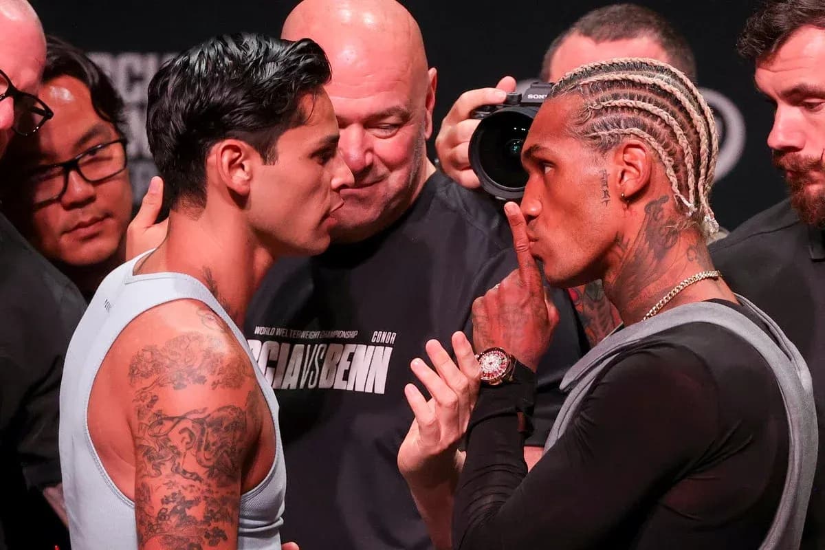 Two boxers facing off at weigh-in event