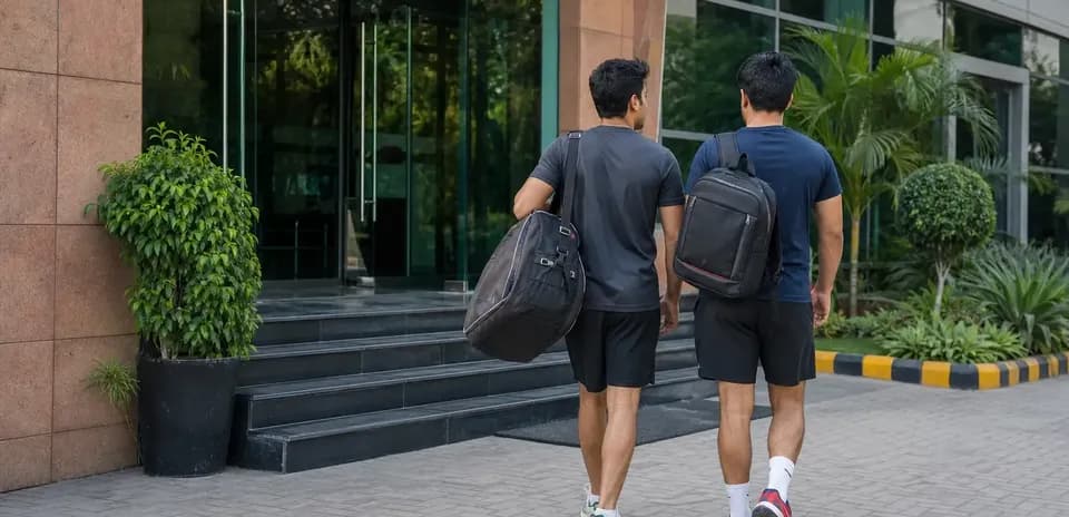 Two athletes walking towards building entrance with bags
