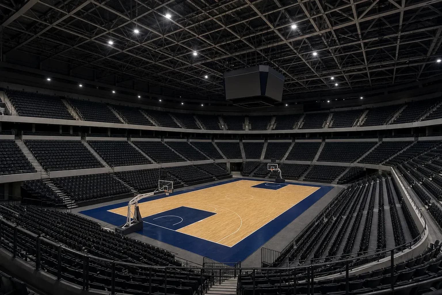 Empty basketball arena with court and bleachers
