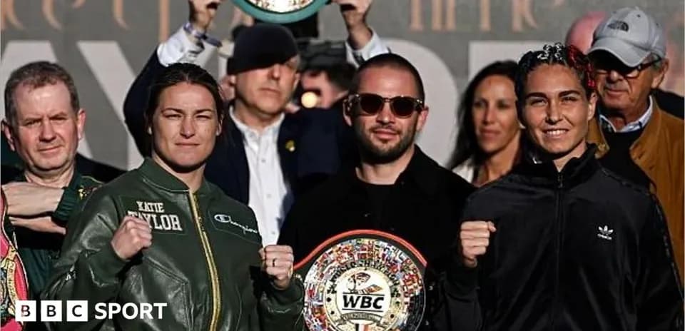Boxers Katie Taylor and opponent at press event