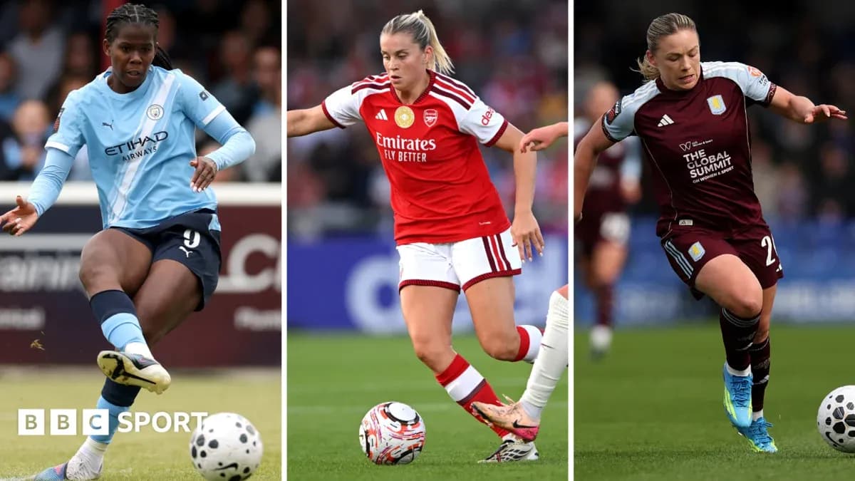 Three female football players in action during match