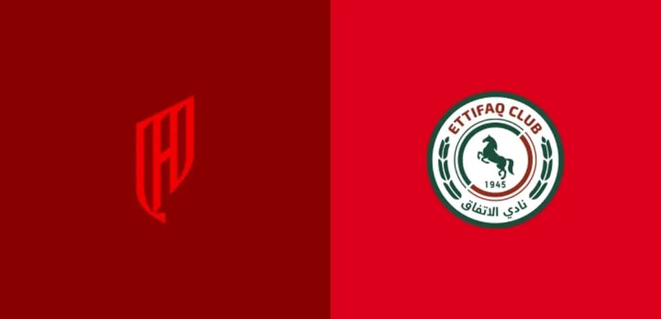 Logos of two football clubs on red background
