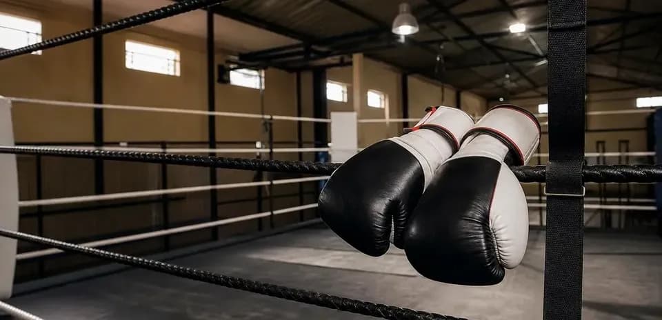 Boxing gloves hanging on the ring ropes