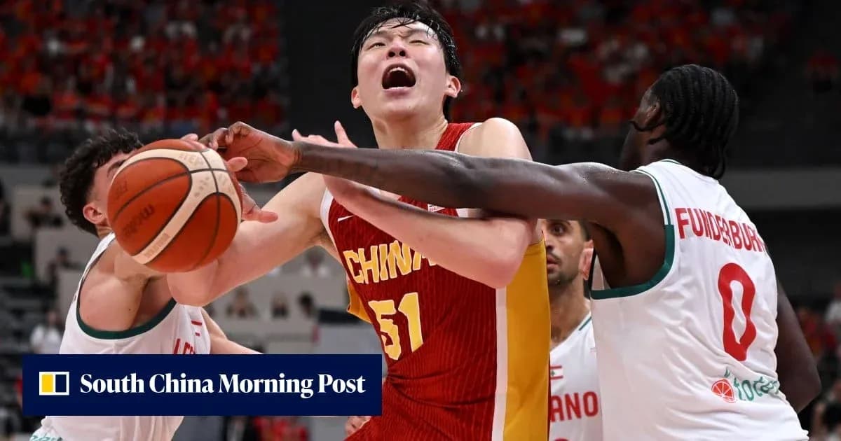 Chinese player contested by two defenders during game