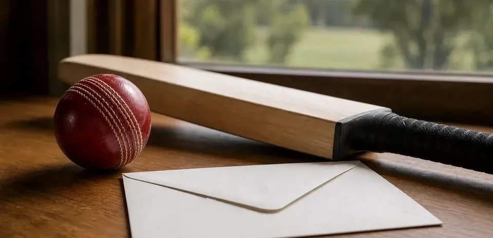 Cricket bat, ball, and envelope on wooden table