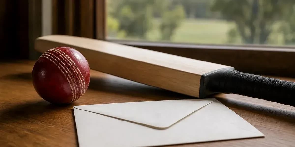 Cricket bat, ball, and envelope on wooden table