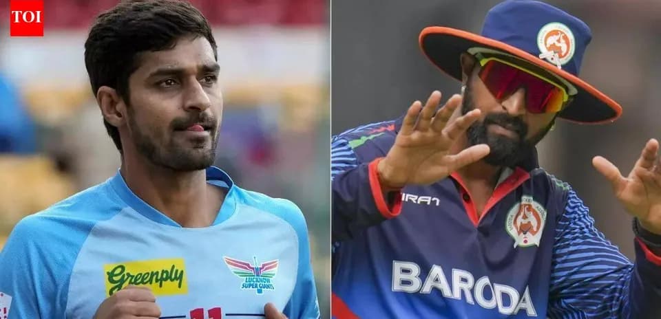 Two cricket players in team uniforms during match