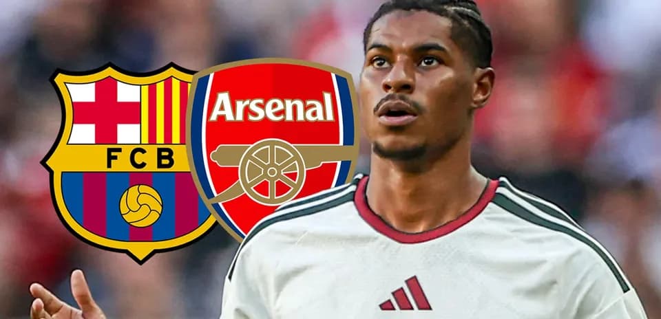 Football player with Barcelona and Arsenal logos overlay