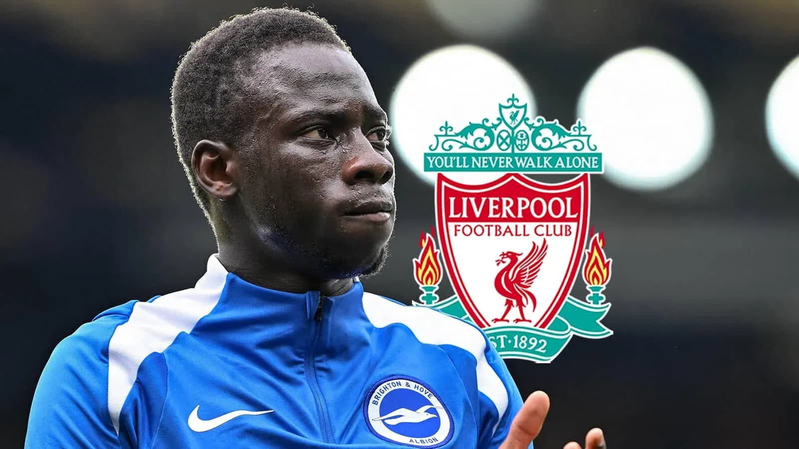 Brighton player in jersey with Liverpool logo background