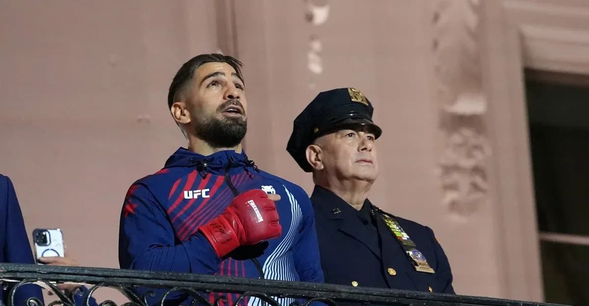 UFC fighter singing anthem with police officer nearby