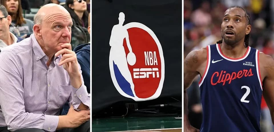Steve Ballmer, NBA logo, and Kawhi Leonard during game