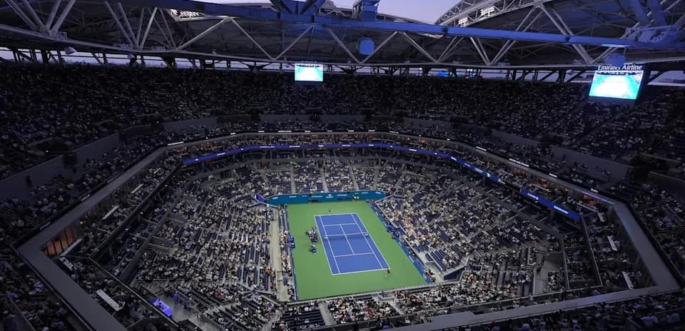 View of crowded stadium during tennis match