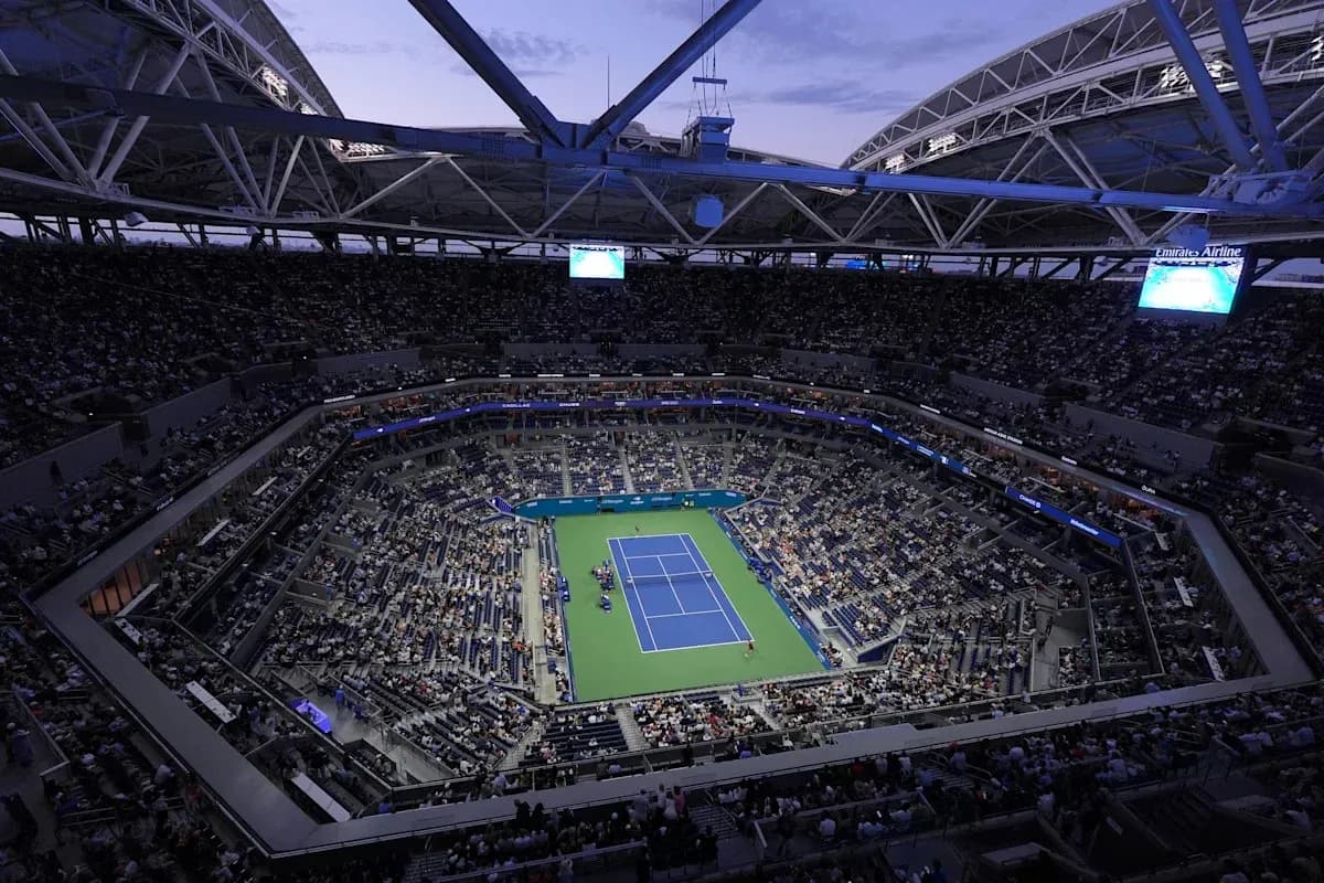 View of crowded stadium during tennis match