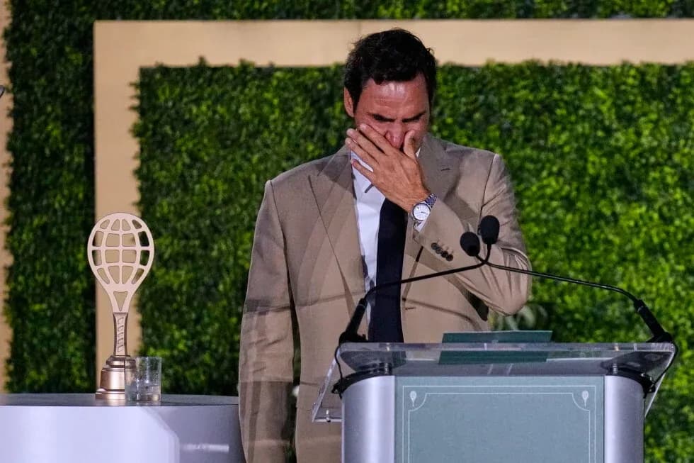 Roger Federer speaking emotionally at an event