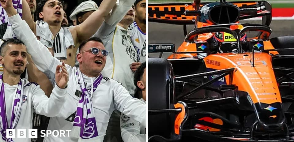 Fans celebrating on left, McLaren Formula 1 car on right