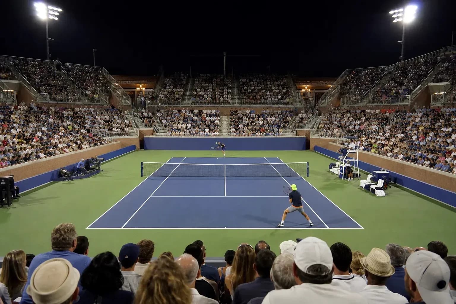 Tennis match in front of a large night crowd Tennis match in front of a large night crowd