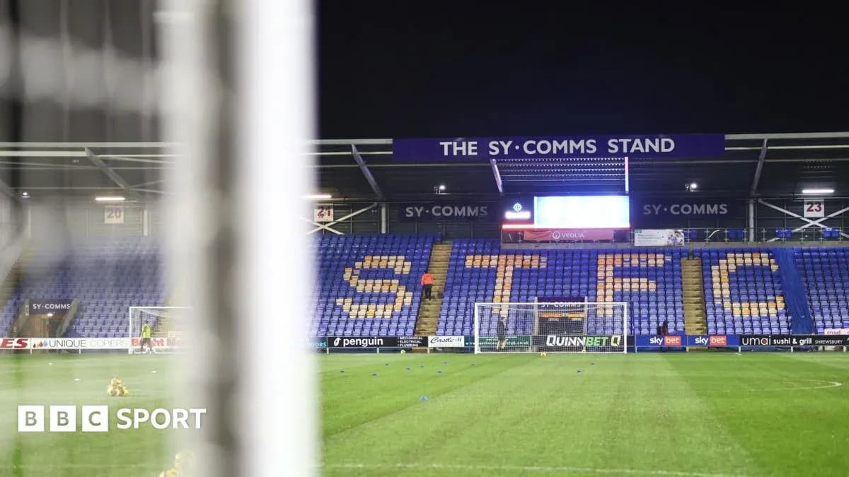View of SY Comms Stand at Shrewsbury Town stadium View of SY Comms Stand at Shrewsbury Town stadium