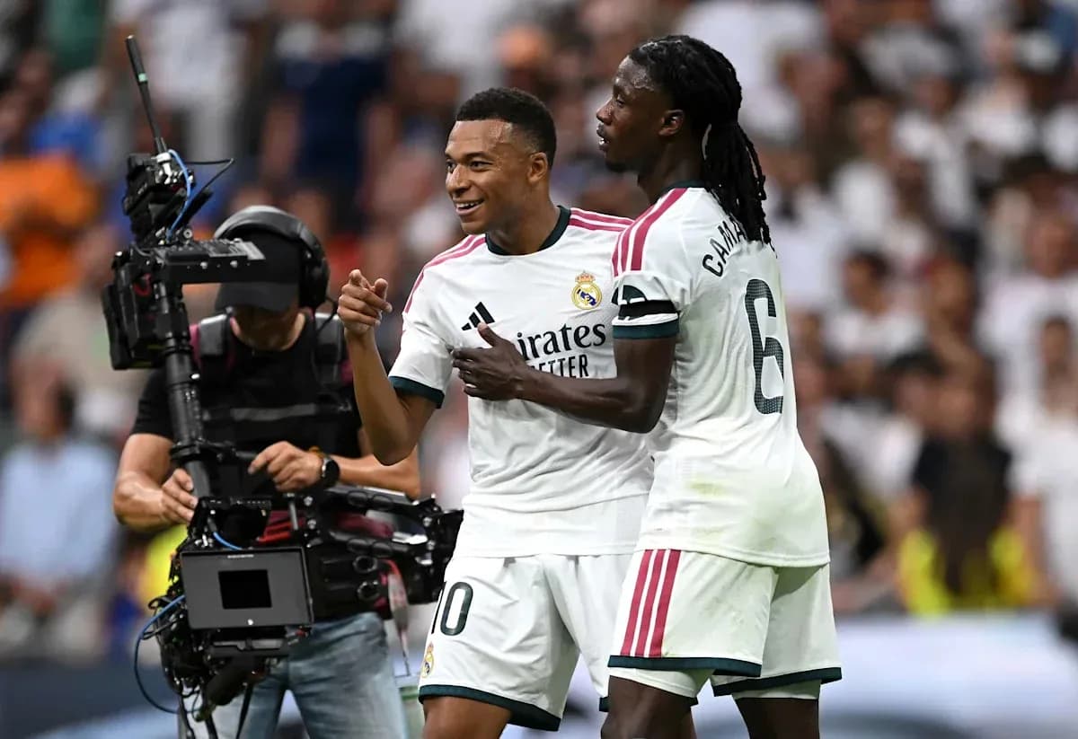 Kylian Mbappé celebrating with teammate Eduardo Camavinga Kylian Mbappé celebrating with teammate Eduardo Camavinga