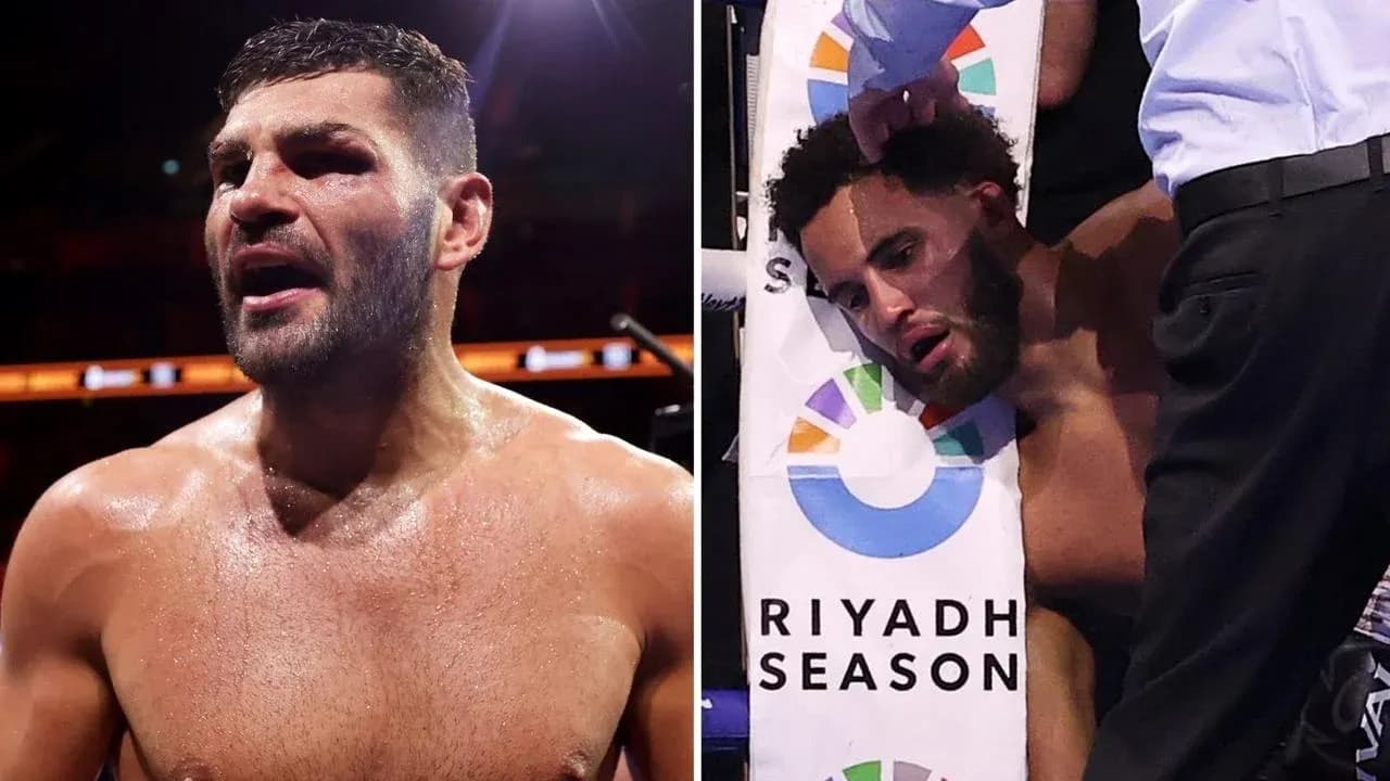 Boxers after a match, one celebrating, one resting Boxers after a match, one celebrating, one resting