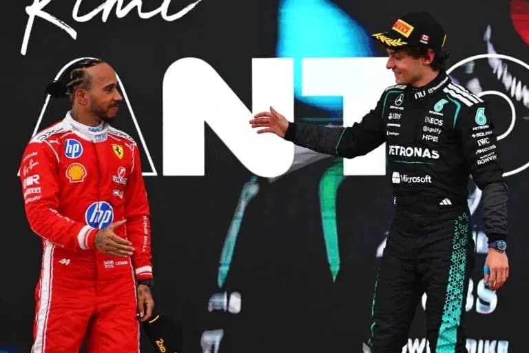 Lewis Hamilton and George Russell greeting each other Lewis Hamilton and George Russell greeting each other