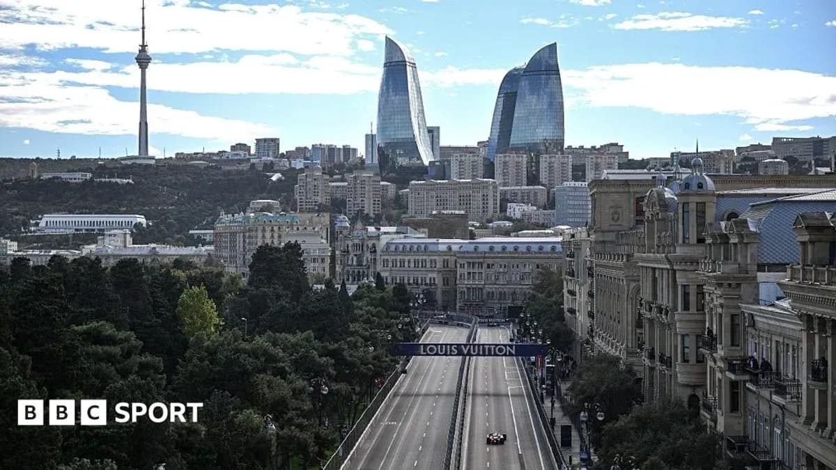 Formula 1 car racing in Baku cityscape Formula 1 car racing in Baku cityscape