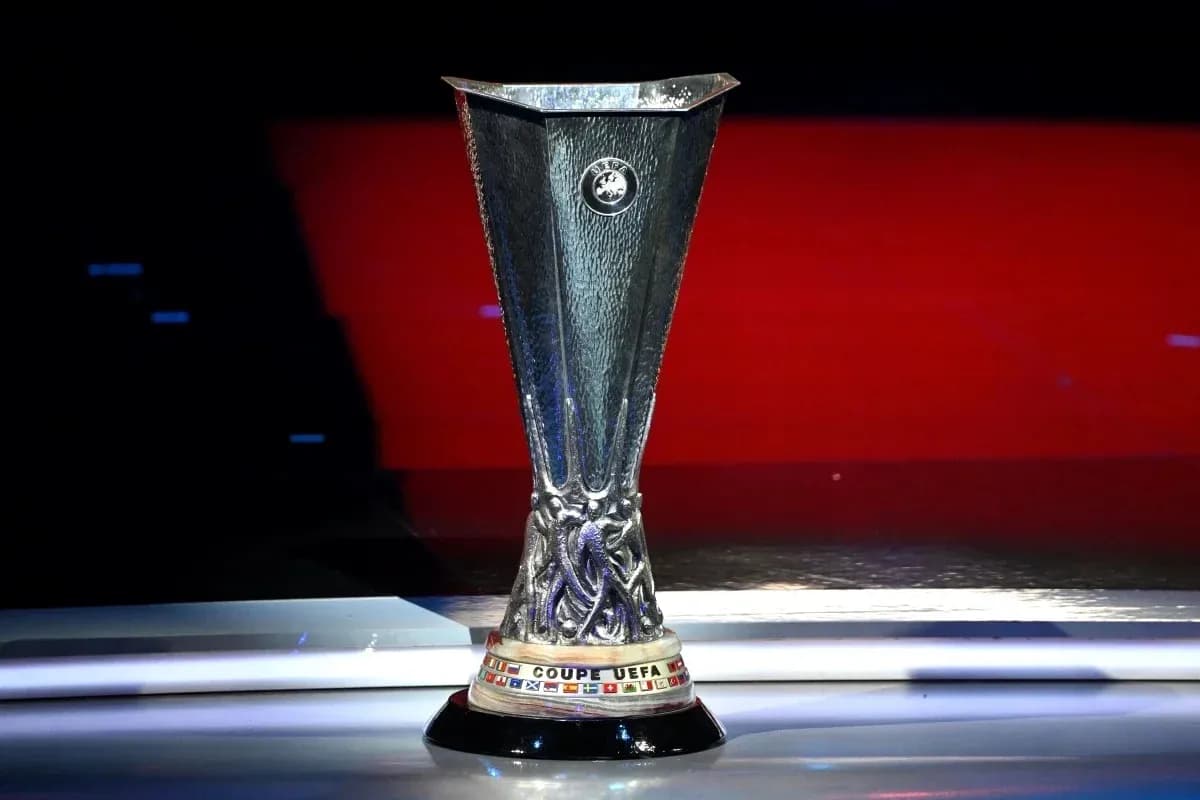 UEFA Europa League trophy displayed on stage UEFA Europa League trophy displayed on stage