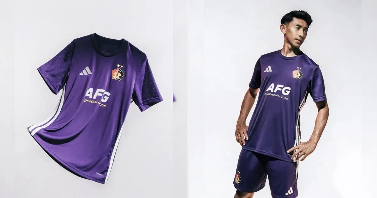 Purple football jersey displayed on model and flat Purple football jersey displayed on model and flat