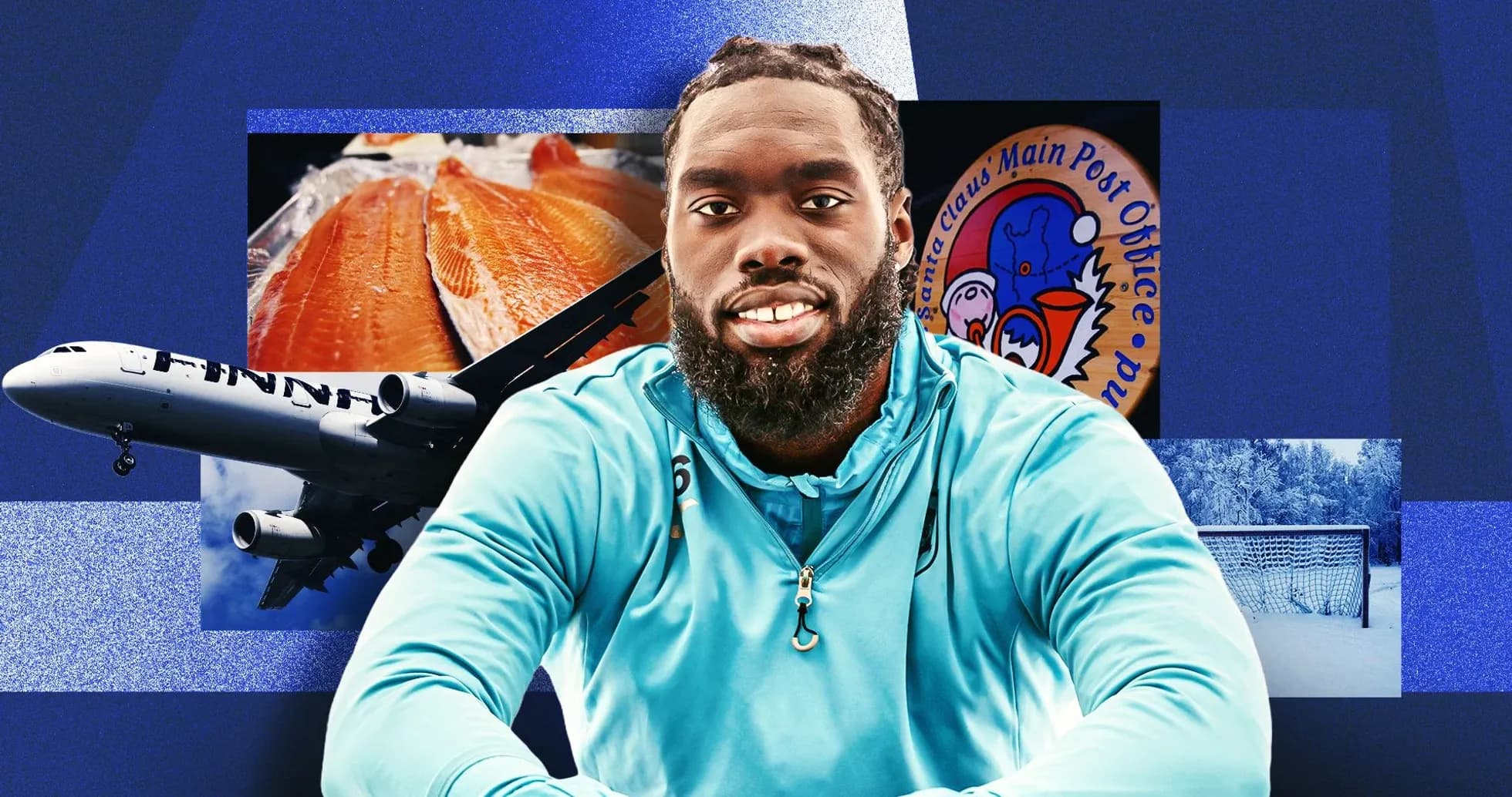 Athlete in blue jacket with various background elements Athlete in blue jacket with various background elements