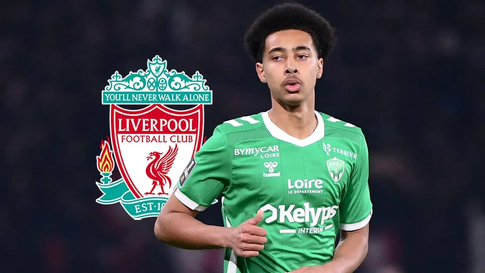 Player in green kit with Liverpool logo background Player in green kit with Liverpool logo background