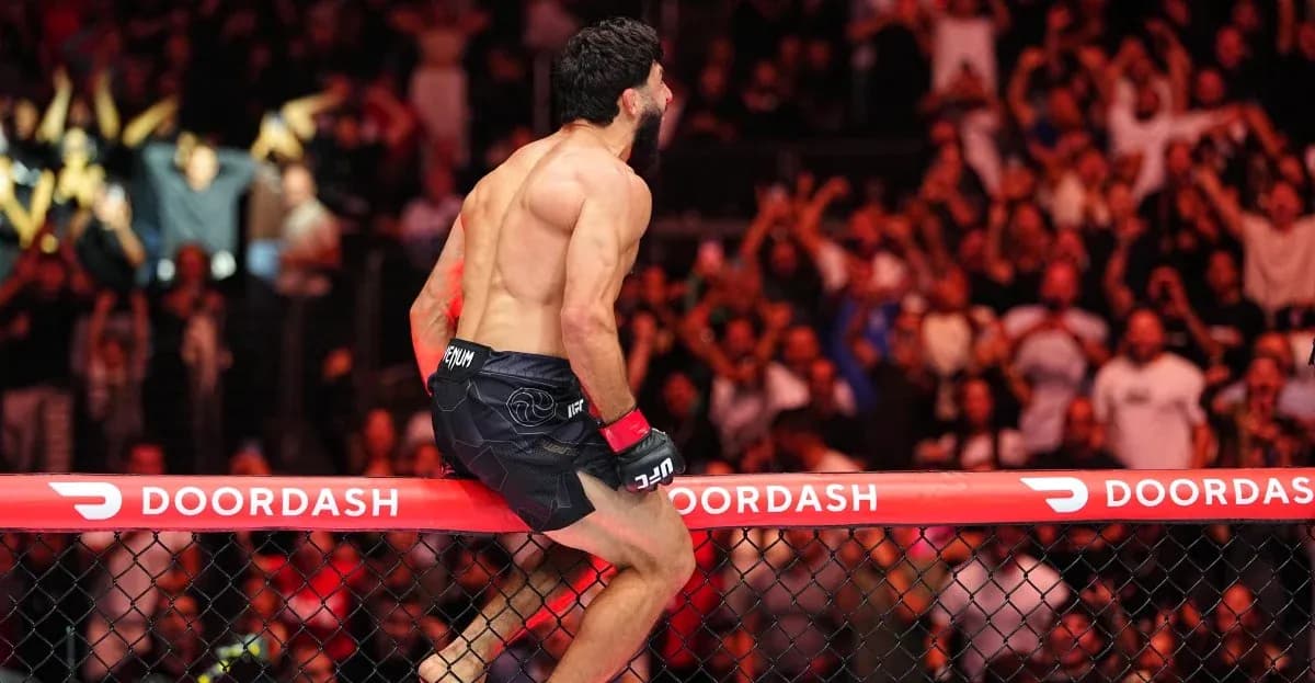 Fighter celebrating on the cage after victory Fighter celebrating on the cage after victory