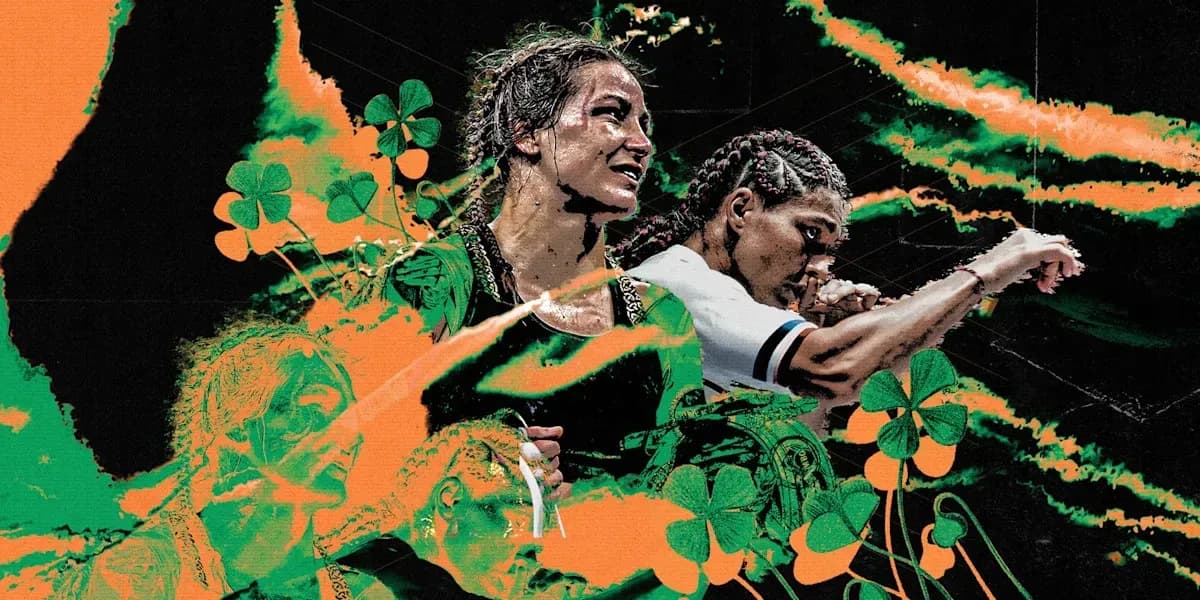 Two female athletes with vibrant background and clovers Two female athletes with vibrant background and clovers