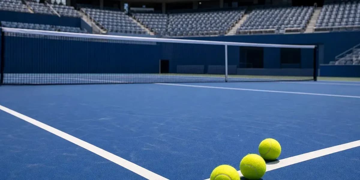Three tennis balls on blue court with net Three tennis balls on blue court with net