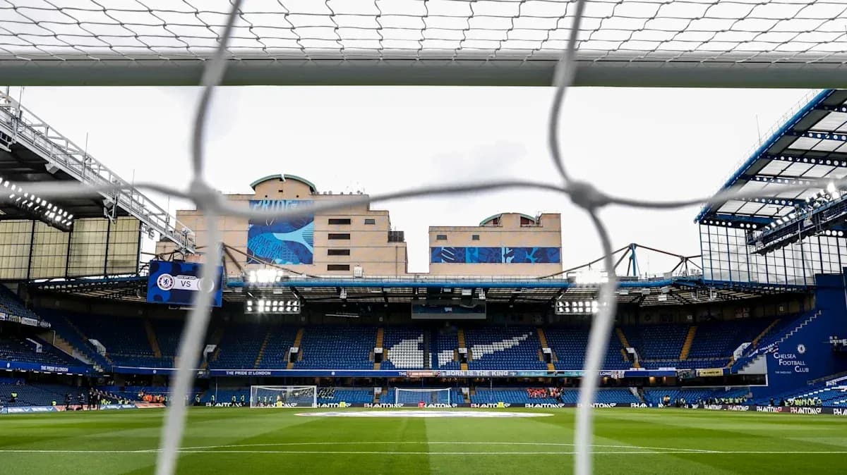 View of Stamford Bridge stadium from behind goal View of Stamford Bridge stadium from behind goal