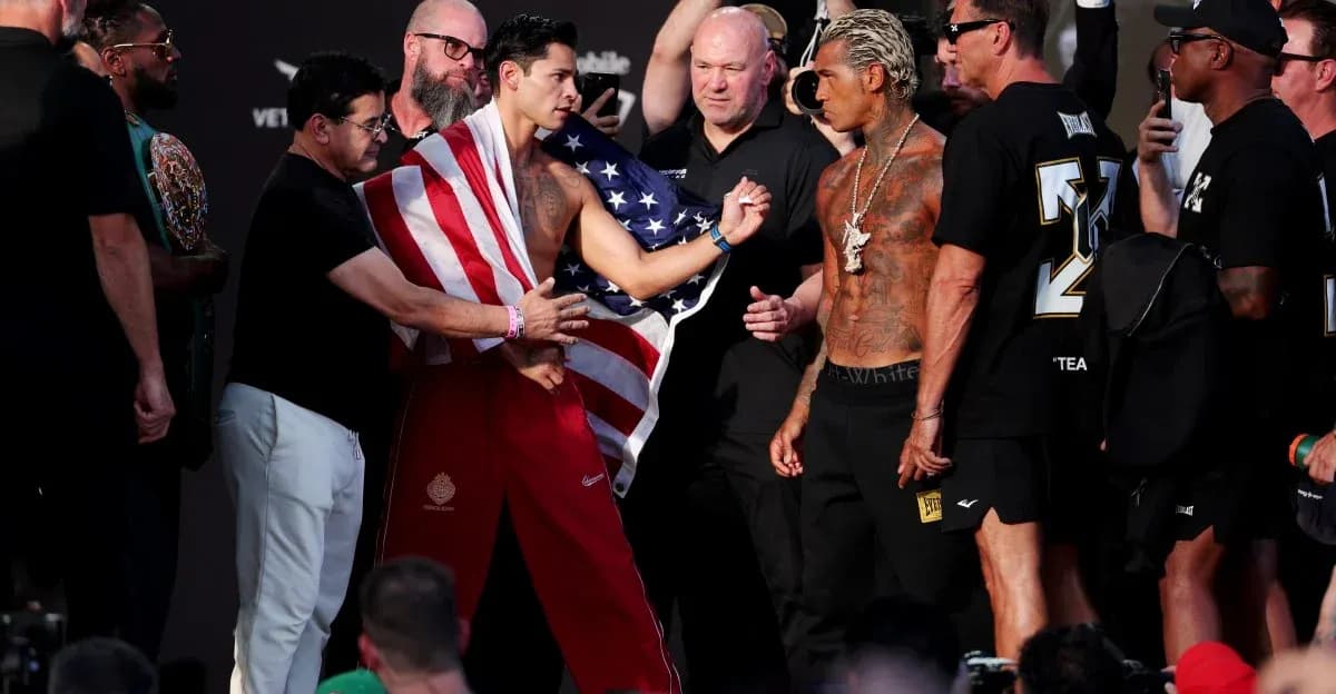 Boxers facing off at pre-fight weigh-in event Boxers facing off at pre-fight weigh-in event