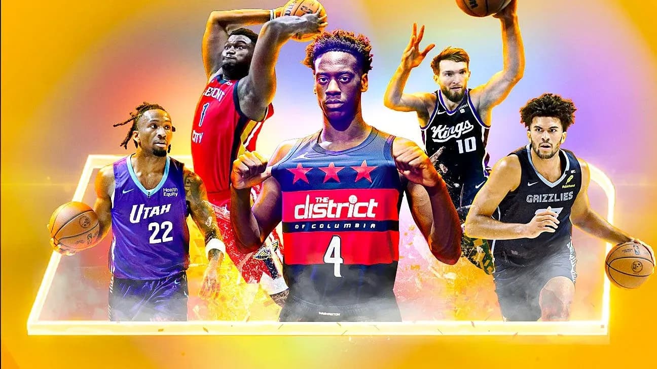 Five basketball players in action with team jerseys Five basketball players in action with team jerseys