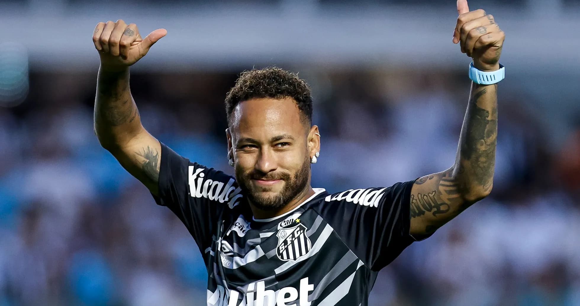 Neymar celebrating in Santos FC jersey during match Neymar celebrating in Santos FC jersey during match