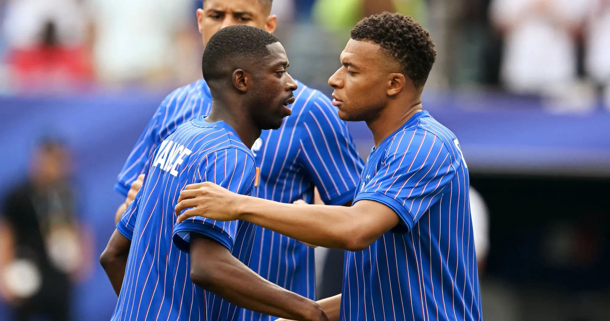 Two players interacting on the field before match Two players interacting on the field before match