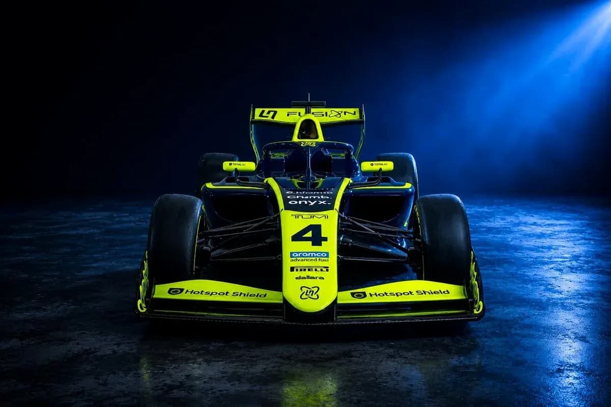 Front view of a brightly colored Formula 1 car Front view of a brightly colored Formula 1 car
