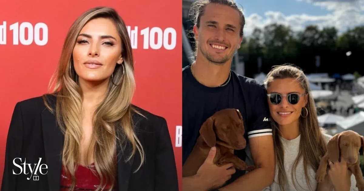 Two images: woman at event and couple with puppies Two images: woman at event and couple with puppies