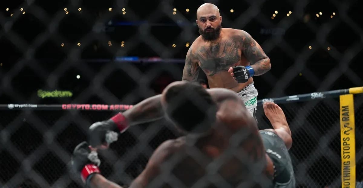 Fighter standing over opponent on the mat in octagon Fighter standing over opponent on the mat in octagon