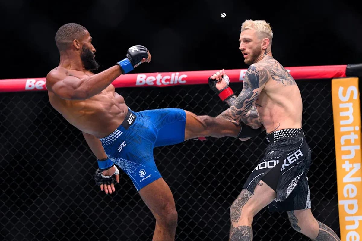 Two fighters engaged in action during UFC match Two fighters engaged in action during UFC match