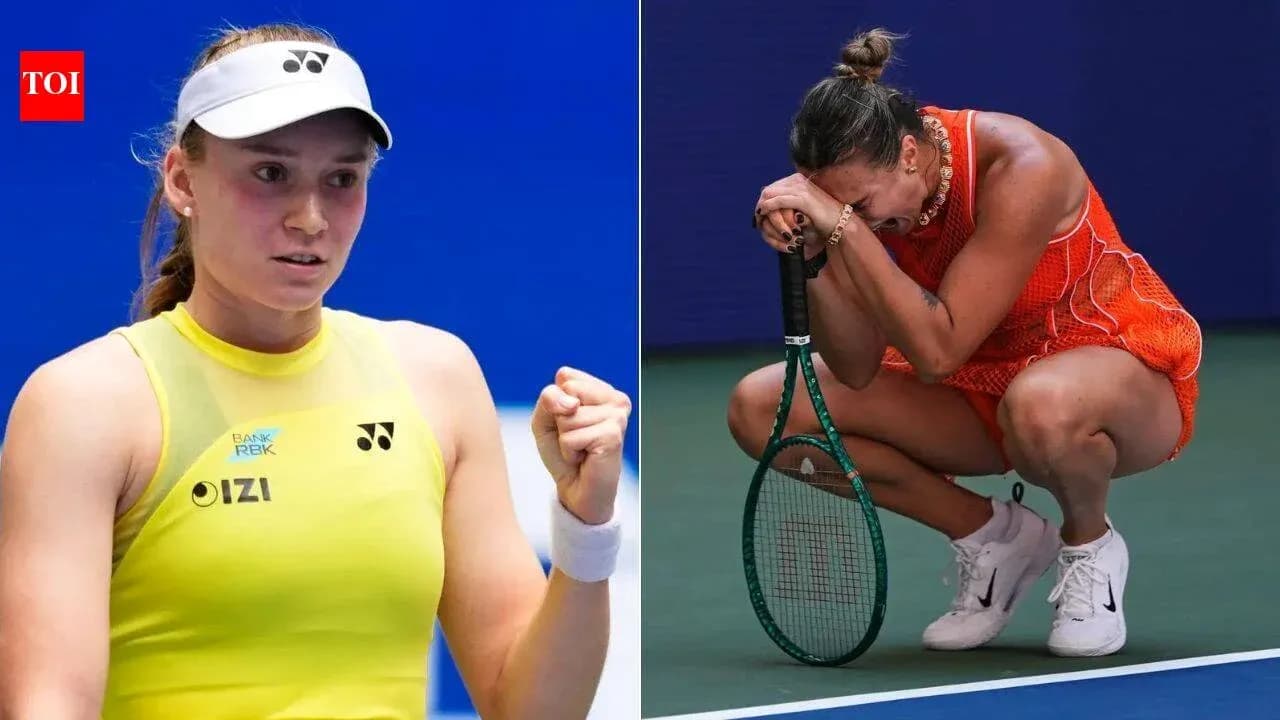 Two tennis players during a match, one celebrating Two tennis players during a match, one celebrating