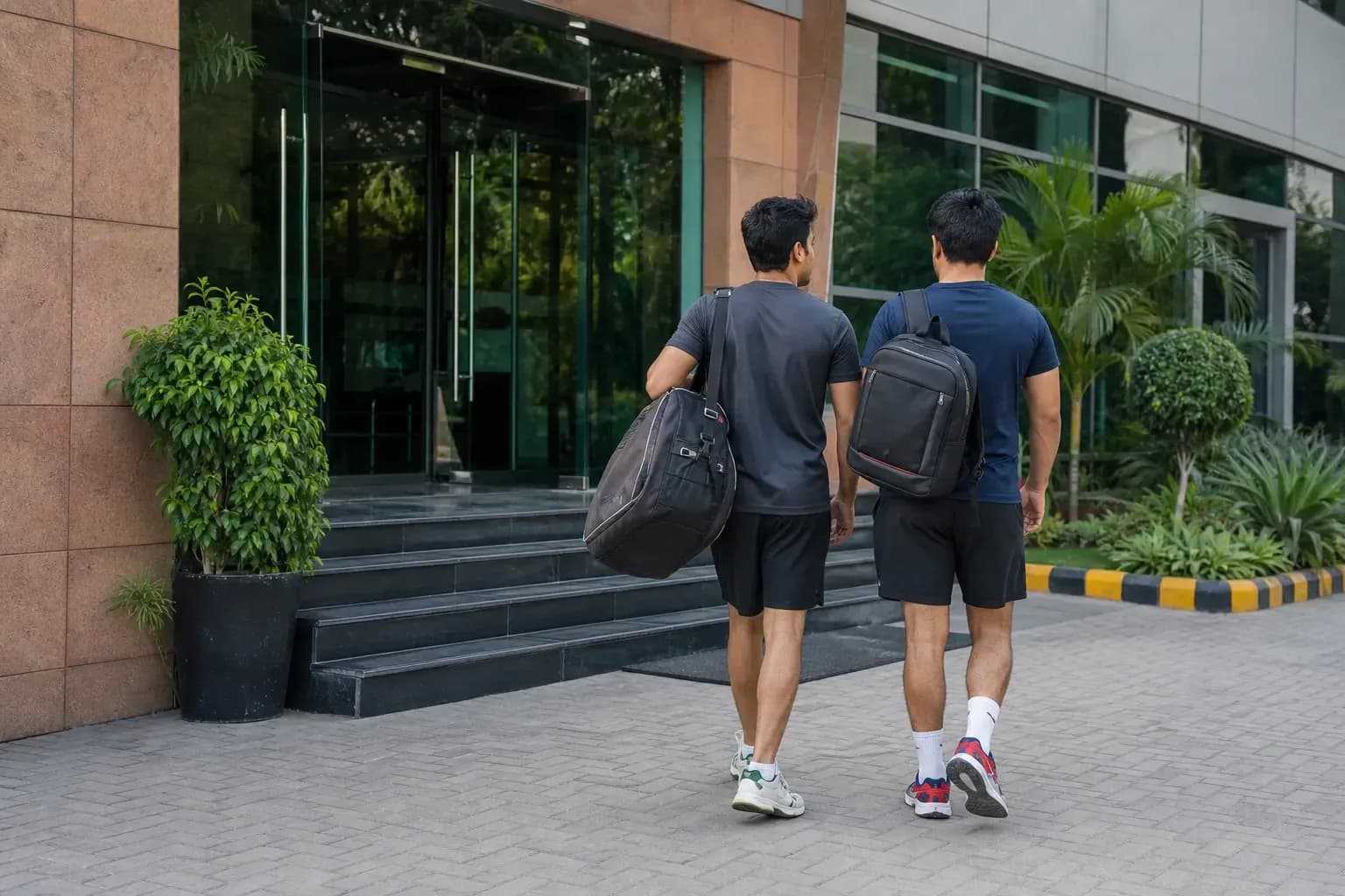 Two athletes walking towards building entrance with bags Two athletes walking towards building entrance with bags