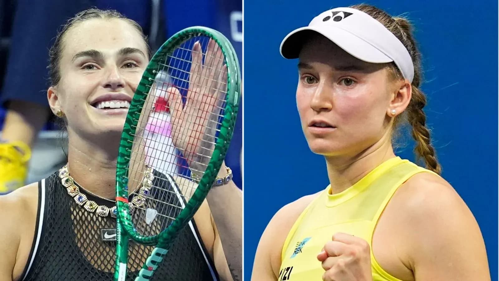 Two female tennis players celebrating on court Two female tennis players celebrating on court