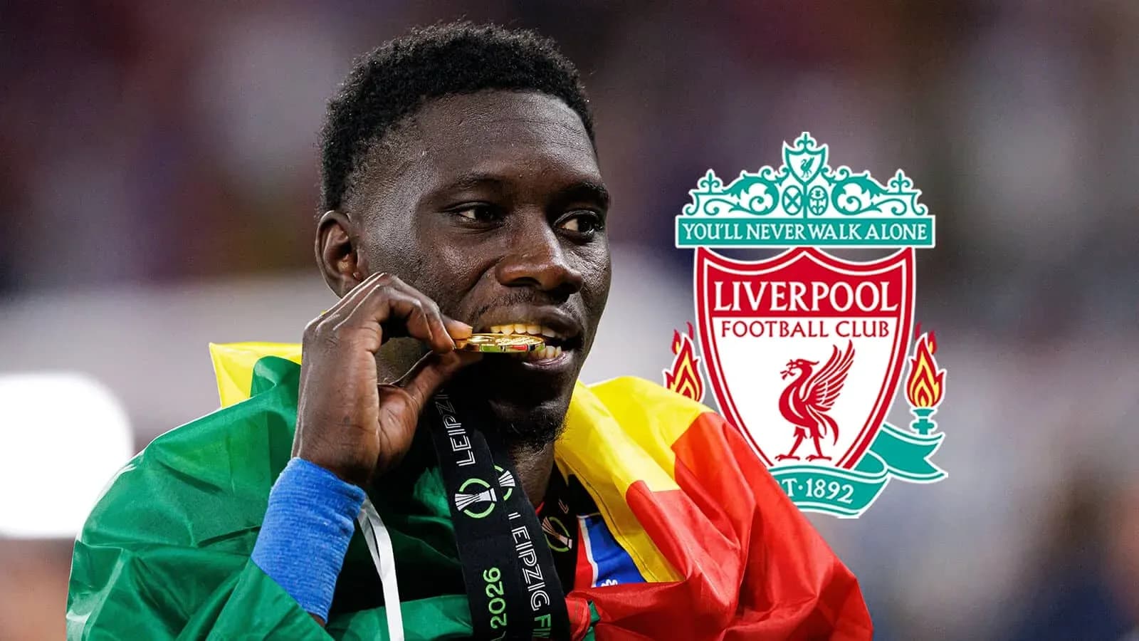 Player celebrating with gold medal and flags Player celebrating with gold medal and flags