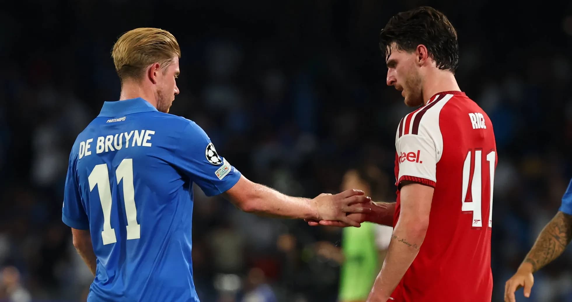 De Bruyne and Rice shaking hands on the field De Bruyne and Rice shaking hands on the field